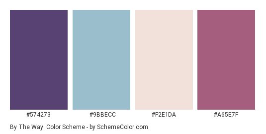 By The Way - Color scheme palette thumbnail - #574273 #9BBECC #F2E1DA #A65E7F 
