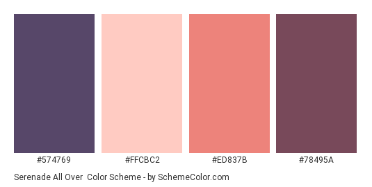 Serenade All Over - Color scheme palette thumbnail - #574769 #FFCBC2 #ED837B #78495A 