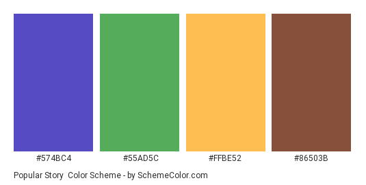 Popular Story - Color scheme palette thumbnail - #574BC4 #55AD5C #FFBE52 #86503B 