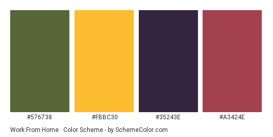 Work From Home #1 - Color scheme palette thumbnail - #576738 #fbbc30 #35243e #a3424e 