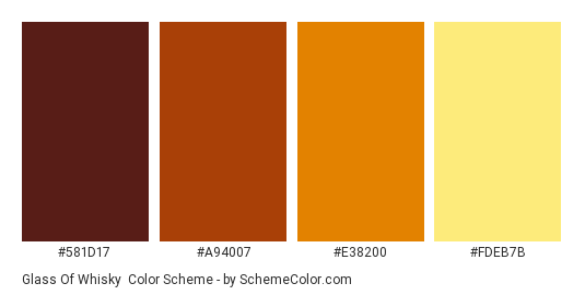 Glass of Whisky - Color scheme palette thumbnail - #581d17 #a94007 #e38200 #fdeb7b 