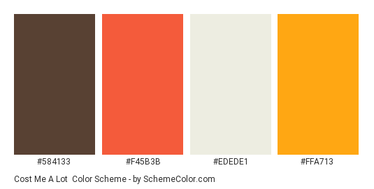 Cost Me a Lot - Color scheme palette thumbnail - #584133 #F45B3B #EDEDE1 #FFA713 