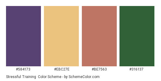 Stressful Training - Color scheme palette thumbnail - #584173 #ebc27e #be7563 #316137 