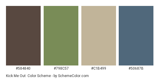 Kick Me Out - Color scheme palette thumbnail - #584840 #798C57 #C1B499 #50687B 