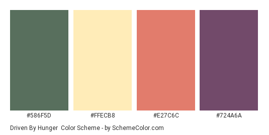 Driven By Hunger - Color scheme palette thumbnail - #586F5D #FFECB8 #E27C6C #724A6A 
