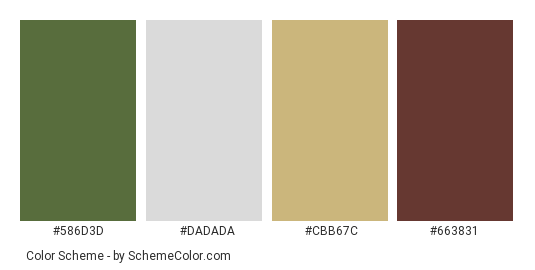 American Football - Color scheme palette thumbnail - #586d3d #dadada #cbb67c #663831 