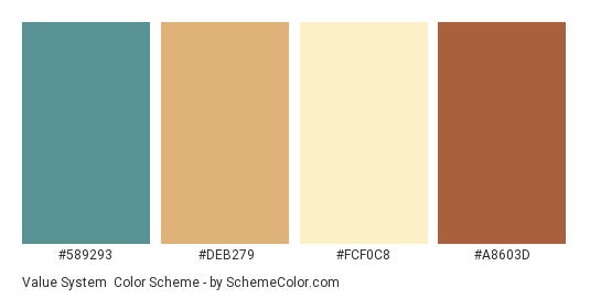 Value System - Color scheme palette thumbnail - #589293 #deb279 #fcf0c8 #a8603d 