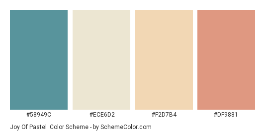 Joy of Pastel - Color scheme palette thumbnail - #58949C #ECE6D2 #F2D7B4 #DF9881 