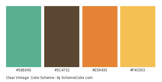 Clear Vintage - Color scheme palette thumbnail - #58B090 #5C4732 #E58435 #F4C053 