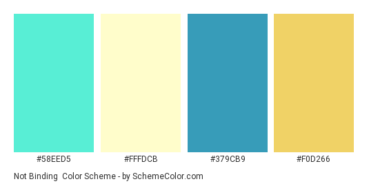 Not Binding - Color scheme palette thumbnail - #58EED5 #FFFDCB #379CB9 #F0D266 