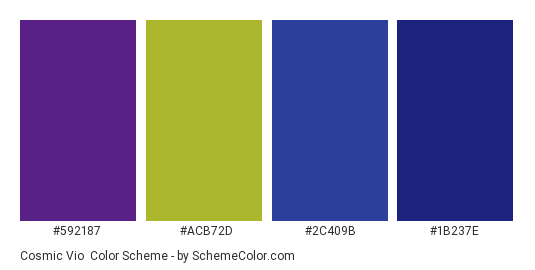 Cosmic Vio - Color scheme palette thumbnail - #592187 #ACB72D #2C409B #1B237E 
