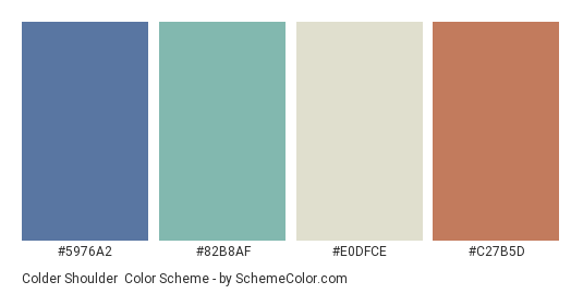 Colder Shoulder - Color scheme palette thumbnail - #5976A2 #82B8AF #E0DFCE #C27B5D 