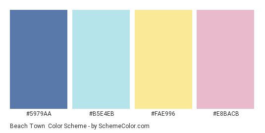 Beach Town - Color scheme palette thumbnail - #5979AA #B5E4EB #FAE996 #E8BACB 