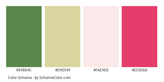 Good Morning Flowers! - Color scheme palette thumbnail - #59884C #D9D59F #FAE9E8 #E53D6B 