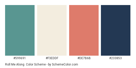 Roll Me Along - Color scheme palette thumbnail - #599691 #f3eddf #de7b6b #233853 