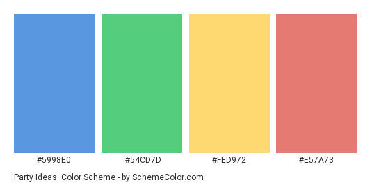 Party Ideas - Color scheme palette thumbnail - #5998E0 #54CD7D #FED972 #E57A73 