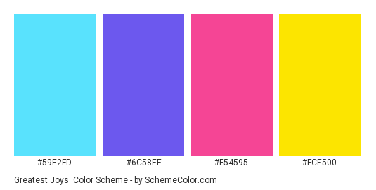 Greatest Joys - Color scheme palette thumbnail - #59E2FD #6C58EE #F54595 #FCE500 