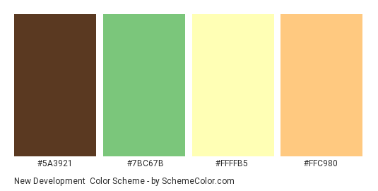 New Development - Color scheme palette thumbnail - #5A3921 #7BC67B #FFFFB5 #FFC980 