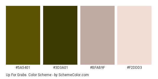 Up for Grabs - Color scheme palette thumbnail - #5A5401 #3D3A01 #BFAB9F #F2DDD3 