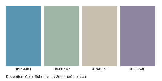 Deception - Color scheme palette thumbnail - #5A94B1 #a0b4a7 #c6bfaf #8e869f 