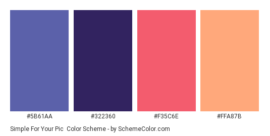 Simple for Your Pic - Color scheme palette thumbnail - #5B61AA #322360 #F35C6E #FFA87B 
