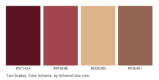Two Snakes - Color scheme palette thumbnail - #5C1424 #9F454B #DDB38C #936451 