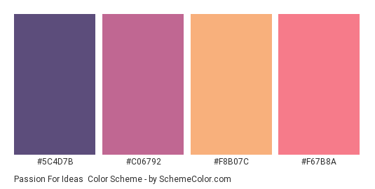 Passion for Ideas - Color scheme palette thumbnail - #5C4D7B #C06792 #F8B07C #F67B8A 