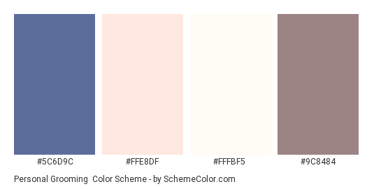 Personal Grooming - Color scheme palette thumbnail - #5C6D9C #FFE8DF #FFFBF5 #9C8484 
