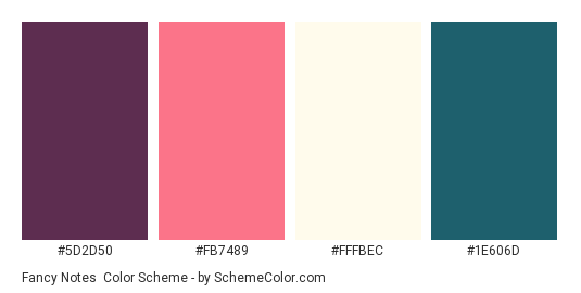 Fancy Notes - Color scheme palette thumbnail - #5D2D50 #FB7489 #FFFBEC #1E606D 