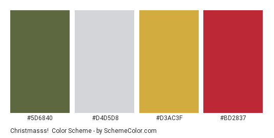 Christmasss! - Color scheme palette thumbnail - #5D6840 #D4D5D8 #D3AC3F #BD2837 