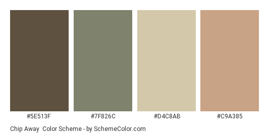 Chip Away - Color scheme palette thumbnail - #5E513F #7F826C #D4C8AB #C9A385 