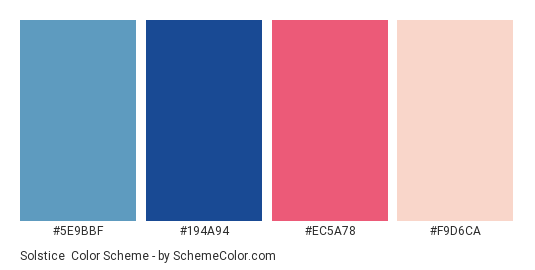 Solstice - Color scheme palette thumbnail - #5E9BBF #194A94 #EC5A78 #F9D6CA 