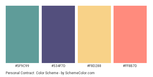 Personal Contract - Color scheme palette thumbnail - #5F9C99 #534F7D #F8D288 #FF8B7D 