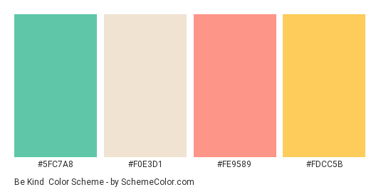 Be Kind - Color scheme palette thumbnail - #5FC7A8 #F0E3D1 #FE9589 #FDCC5B 