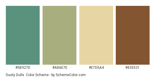 Dusty Dulls - Color scheme palette thumbnail - #5b927d #a8ae7e #e7d5a4 #835531 