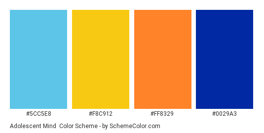 Adolescent Mind - Color scheme palette thumbnail - #5cc5e8 #f8c912 #ff8329 #0029a3 