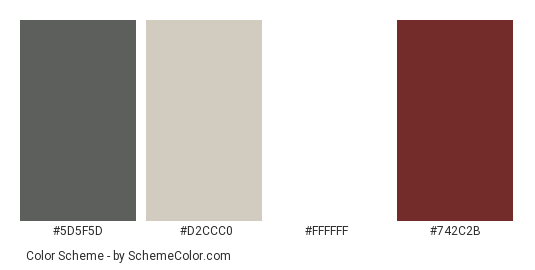 Gray and Red Luxury Home - Color scheme palette thumbnail - #5d5f5d #d2ccc0 #ffffff #742c2b 
