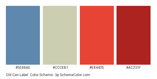 Old Can Label - Color scheme palette thumbnail - #5e88ae #ccceb1 #e84435 #ac231f 