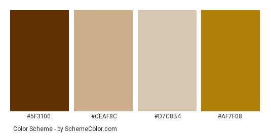 Yellowed Book - Color scheme palette thumbnail - #5f3100 #ceaf8c #d7c8b4 #af7f08 