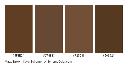 Matte Brown - Color scheme palette thumbnail - #5f3e24 #674833 #725038 #563921 