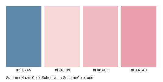 Summer Haze - Color scheme palette thumbnail - #5f87a5 #f7d8d9 #f0bac3 #eaa1ac 