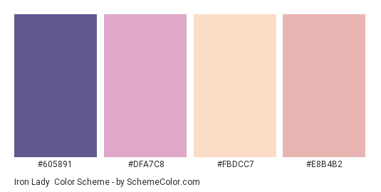 Iron Lady - Color scheme palette thumbnail - #605891 #DFA7C8 #FBDCC7 #E8B4B2 
