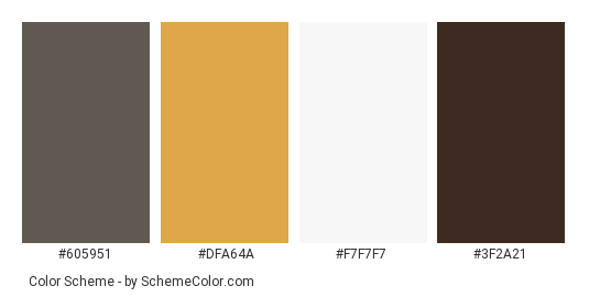 Yellow White & Brown Wall - Color scheme palette thumbnail - #605951 #dfa64a #f7f7f7 #3f2a21 