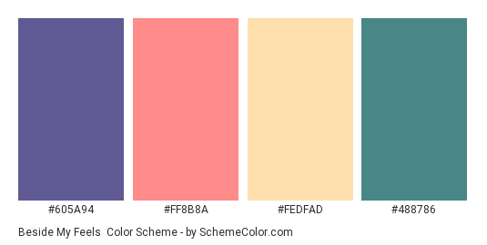 Beside My Feels - Color scheme palette thumbnail - #605A94 #FF8B8A #FEDFAD #488786 
