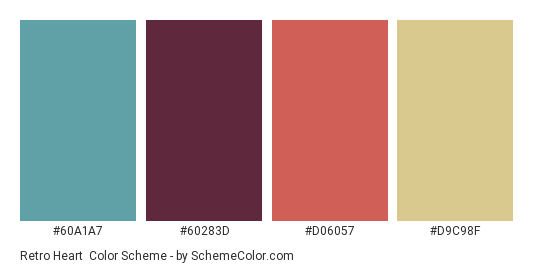 Retro Heart - Color scheme palette thumbnail - #60A1A7 #60283D #D06057 #D9C98F 