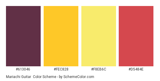 Mariachi Guitar - Color scheme palette thumbnail - #613046 #fec828 #f8eb6c #d5484e 