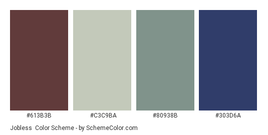 Jobless - Color scheme palette thumbnail - #613B3B #C3C9BA #80938B #303D6A 