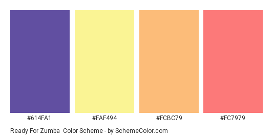 Ready for Zumba - Color scheme palette thumbnail - #614FA1 #FAF494 #FCBC79 #FC7979 