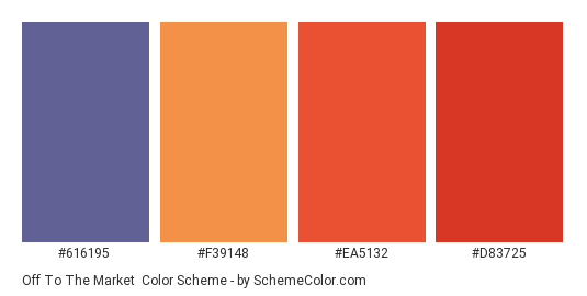 Off to the Market - Color scheme palette thumbnail - #616195 #F39148 #EA5132 #D83725 