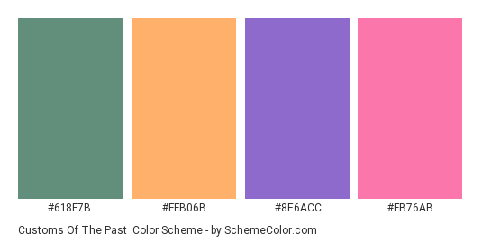 Customs of the Past - Color scheme palette thumbnail - #618F7B #FFB06B #8E6ACC #FB76AB 